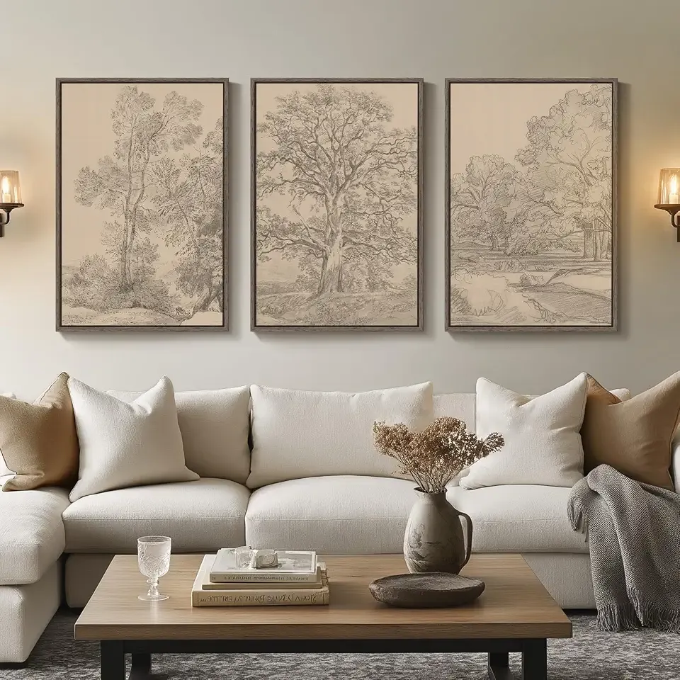 Large Vintage Framed Tree Landscape Wall Art for Living Room, 24x36 Inch | 3 piece, Neutral, Retro, Rustic, Sketch antique print, Botanical picture, Canvas artwork, Dining room wall decor, Wood frame
