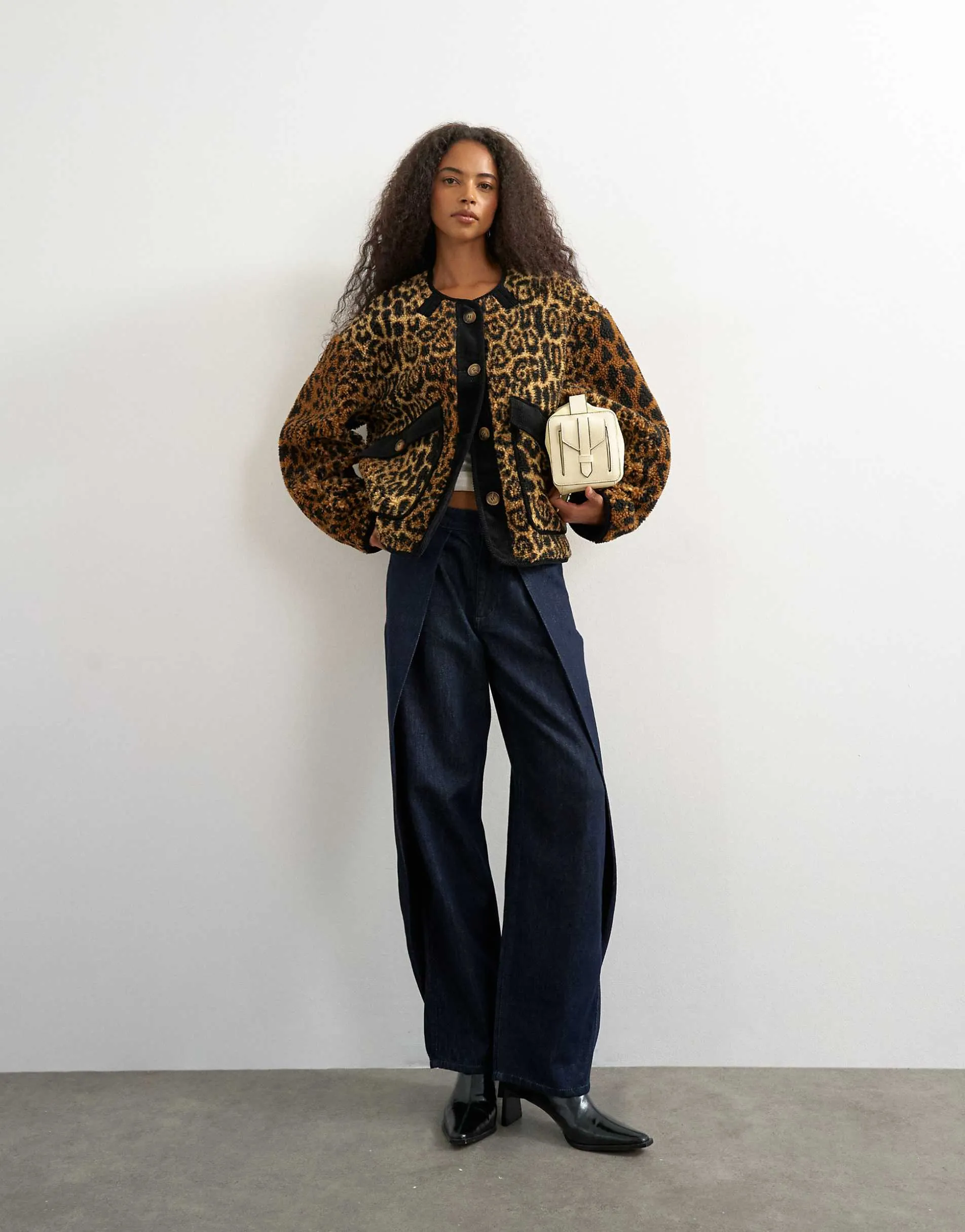 Topshop collareless cord fleece jacket in animal print