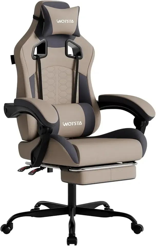 WOTSTA Gaming Chair with Massage,Ergonomic PC Gaming Chair with Footrest Comfortable Headrest and Lumbar Support, High Back, 300LBS (Grey)