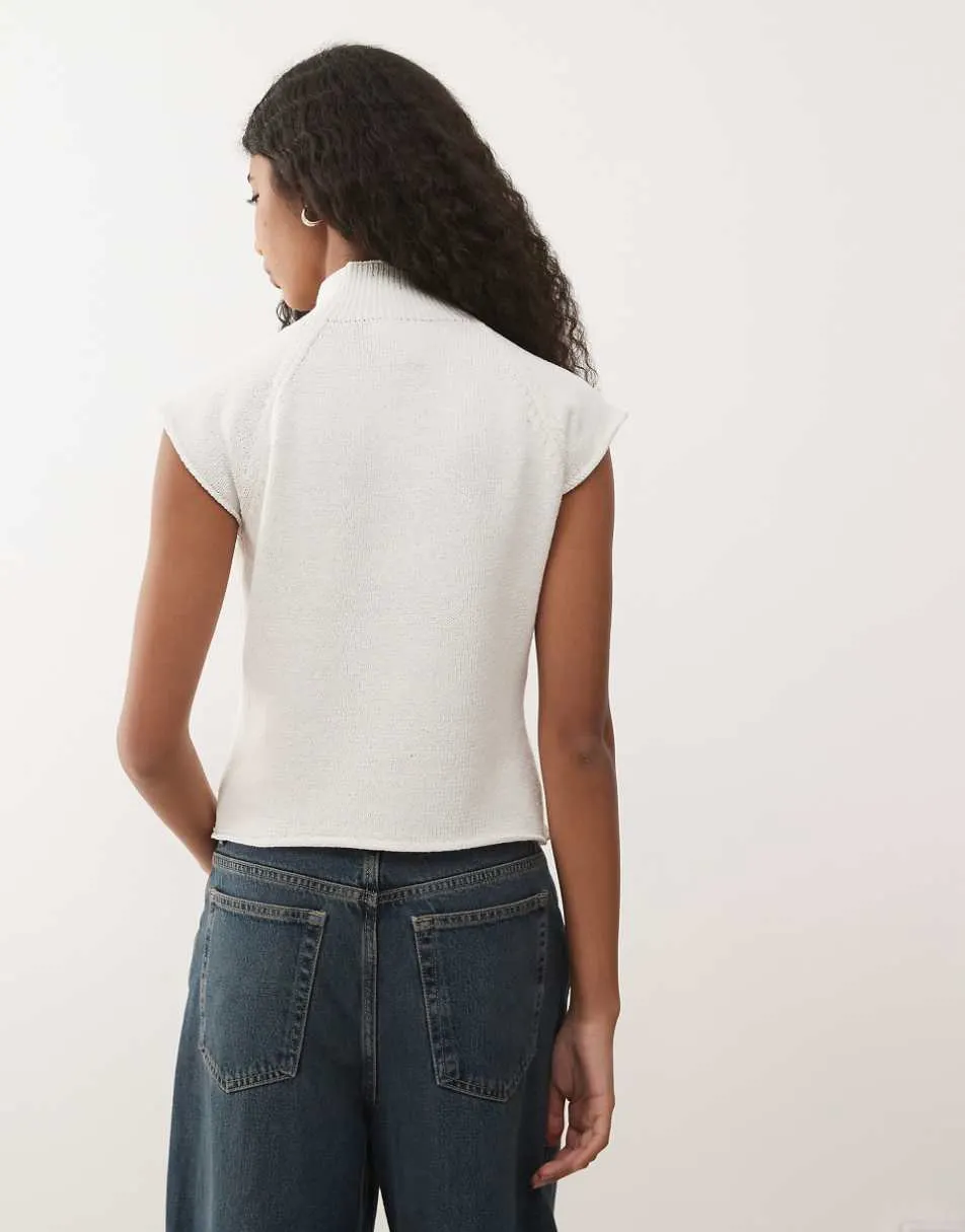 Reclaimed Vintage button through high neck compact knitted tank in white