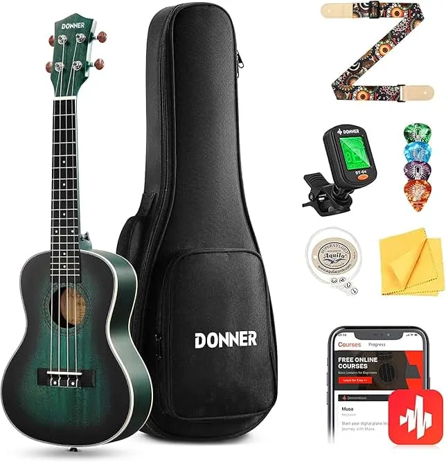 Donner Concert Ukulele Professional 23 Inch Mahogany Ukelele for Adult Beginner Ukele Bundle with Online Lesson Gig Bag Aquila String Pick Tuner Strap Cloth DUC-200B Drak Green
