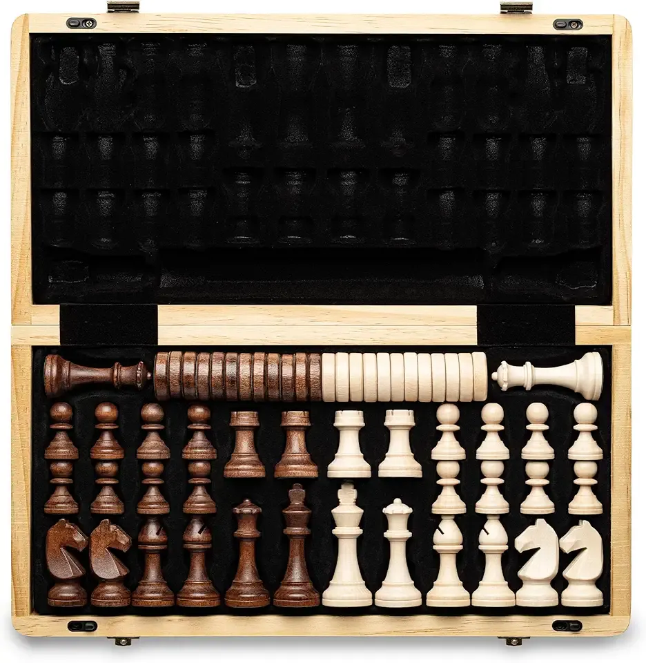 A&A 15" Magnetic Wooden Chess Set/Folding Board / 3" King Height German Knight Staunton Chess Pieces/Mahogany & Maple Inlaid /2 Extra Queen