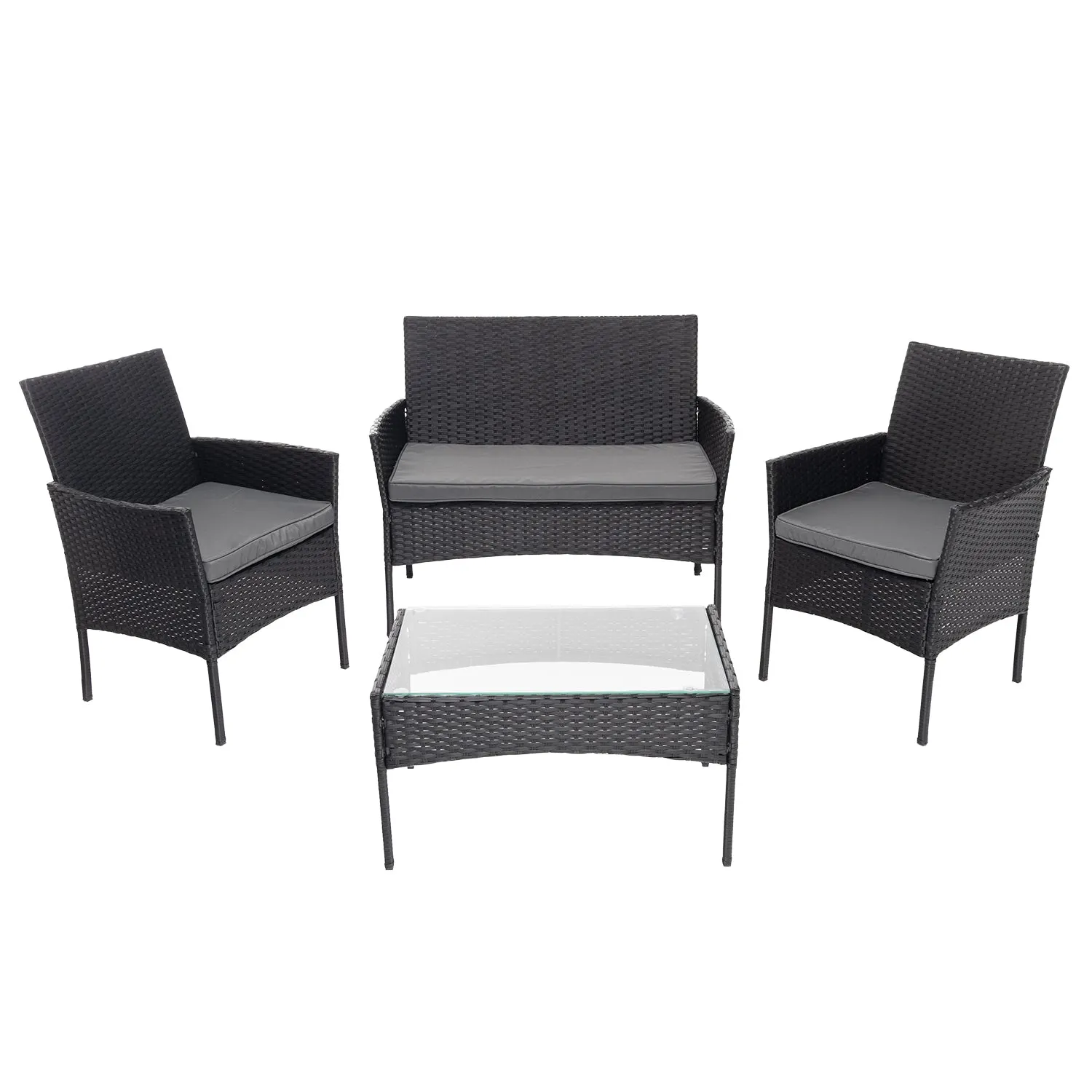 Set da giardino 4 pezzi Rattan sintetico Antracite con struttura in acciaio, top in vetro e cuscini Grigio Scuro