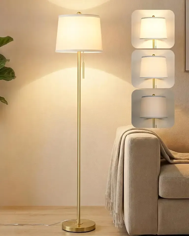 Gold Floor Lamps for Living Room, 63in Modern Standing Lamp 3 Way Brightness Dimmable with White Linen Shade Metal Base Tall Pole Light for Bedroom Reading Office Corner Nursery 8W LED Bulb Included