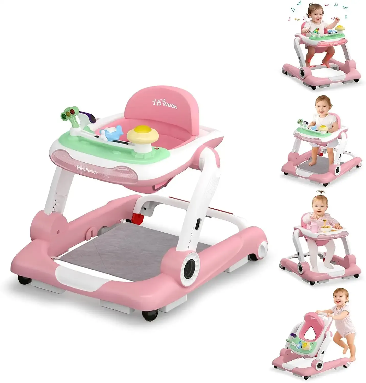 Baby Walker with Wheels, 5 in 1 Walker for Baby Boy Girl 6-12 Months with Bouncer, Music and Lights Baby Jumper Activity Center, Adjustable Height Speed, Push Walker for Ages 6-18 Months Toddler