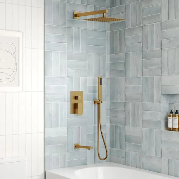 EVERSTEIN 1-​Handle 3-​Spray Wall Mount Tub and Shower Faucet with 10 in.​ Rain Shower Head in Brushed Gold