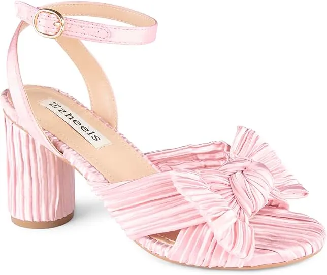 Zzheels Women's Bow Knot Heeled Sandals Open Toe High Block Ankle Strap Chunky Heels Bride Wedding Shoes