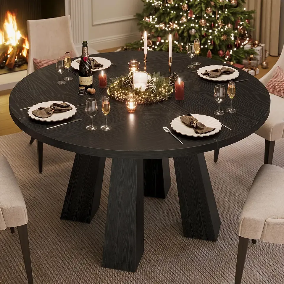IDEALHOUSE 47" Round Dining Table for 4-6, Wood Kitchen Table with Sturdy Base, Farmhouse Circle Dinner Table for Dining Room, Living Room, 4 Strong Legs, Black
