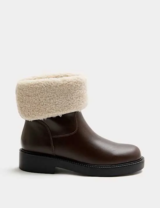 Leather Borg Lined Block Heel Mid Calf Boots