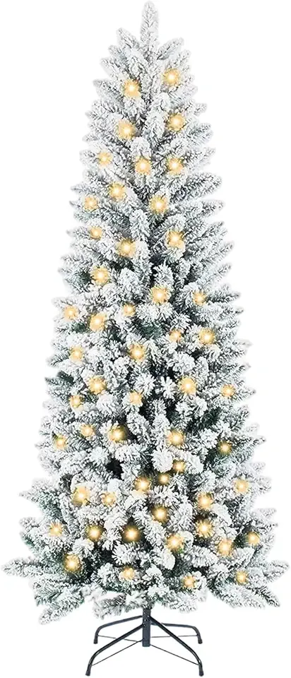 Sweetcrispy 6ft Snow Flocked Pencil Christmas Tree, Prelighted Artificial Slim Christmas Trees with 250 Incandescent Lights, 571 Branch Tips & Foldable Base for Home, Office, Party Decoration