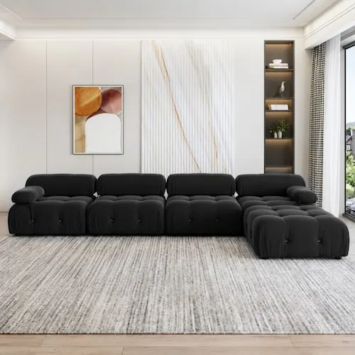 138 in. Modern Velvet Sectional Sofa Living Room Set 4-Seater Sofa with Ottoman in Black