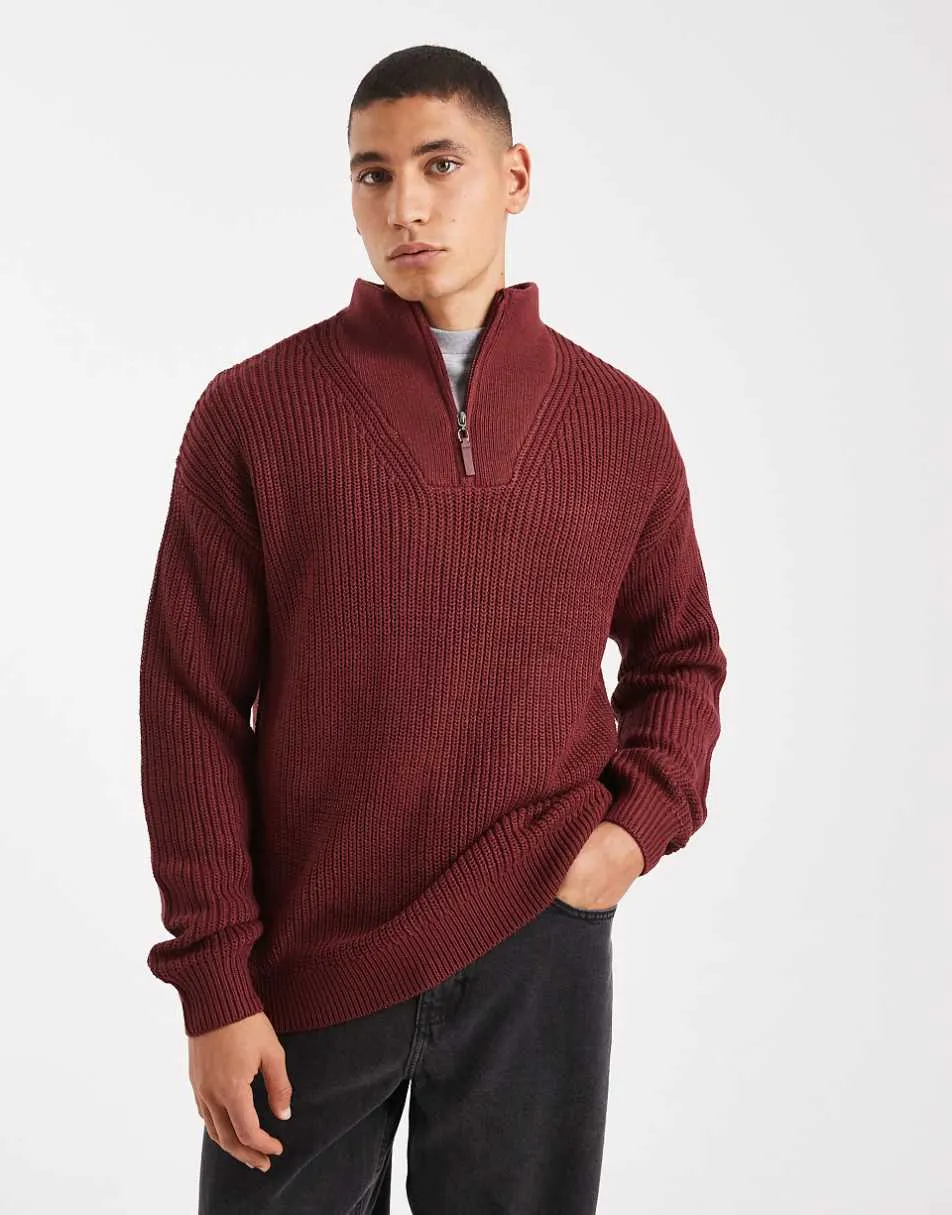 New Look fisherman knit 1/4 zip jumper in burgundy