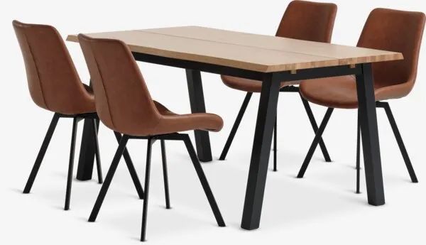 SKOVLUNDE + HYGUM SKOVLUNDE L160 tafel naturel eiken +4 HYGUM stoelen cognac