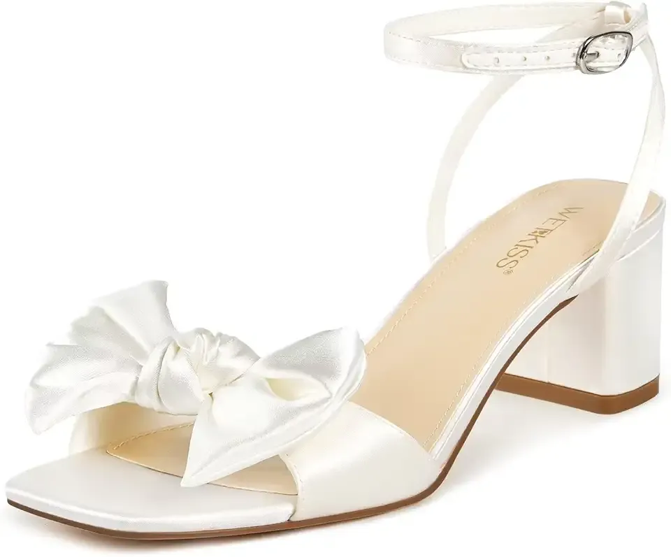 Bow Knot Heeled Sandals for Women 2026, Women's Ankle Strappy Chunky Block Low Heels with Square Open Toe, Comfortable Bow Heels for Wedding Bridal Guest Graduation Party Fashion