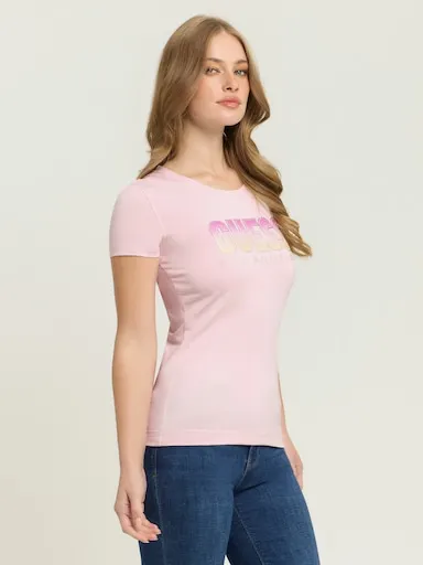 Guess Glitter Degrade Logo Tee In Low Key Pink