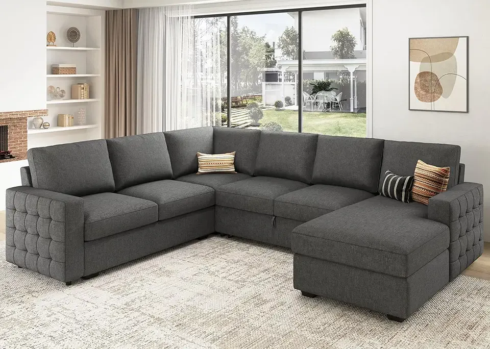 HONBAY Sectional Sleeper Sofa with Pull Out Bed U-Shape Sectional Couch Sleeper Bed with Storage Chaise 6 Seater Sleeper Sectional Sofa, Light Grey