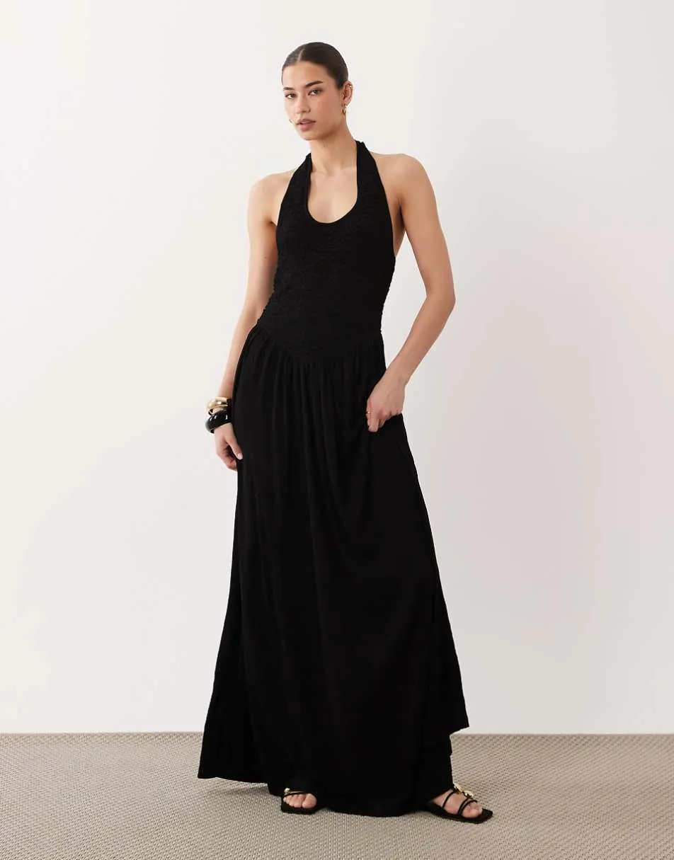 ASOS DESIGN crinkle halter neck midi dress in black