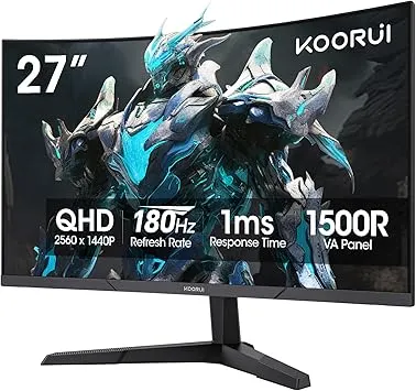 KOORUI 27 Inch Curved Gaming Monitor QHD (2560 x 1440) 180Hz, 1ms 1500R Display, Adaptive Sync, 90% DCI-P3, HDMI 2.0 & DisplayPort 1.4, VESA, Tilt, Eye Care, 27E6QCA