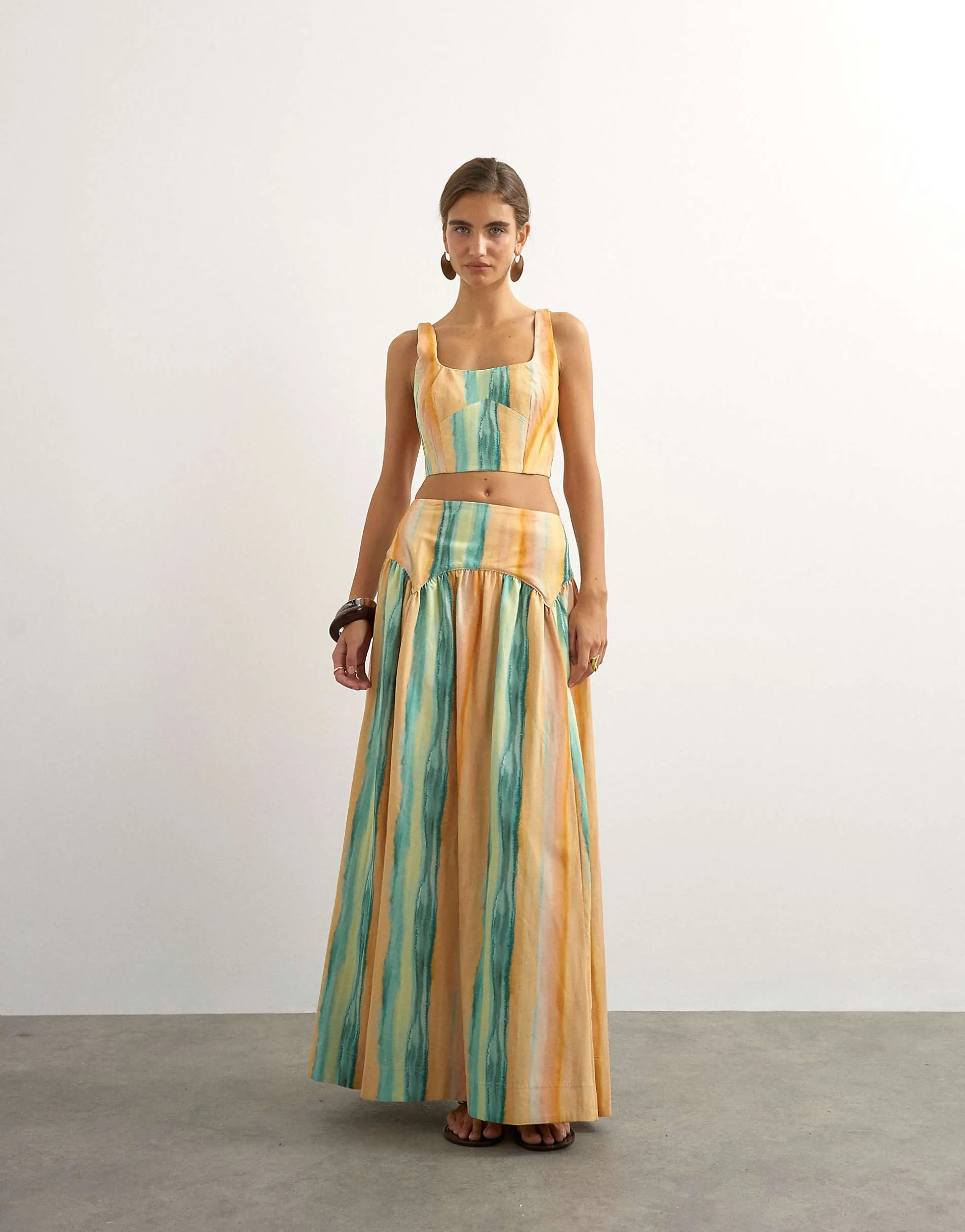 Topshop co-ord drop waist full circle midi skirt in orange abstract stripe