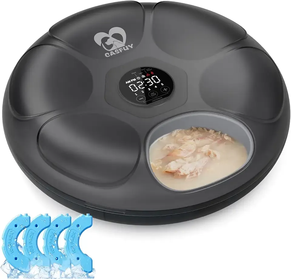 Casfuy Automatic Cat Feeder Cordless - Automatic Cat Food Dispenser for Wet Moist Food with 4 Ice Packs Rechargeable Auto Feeder for Cats Small Dogs with Programmable Timer Low Battery Indicator