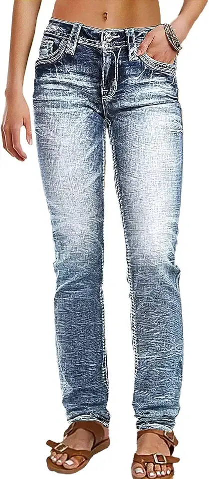 Mid Rise Skinny Jeans for Women Trendy Wash Stretchy Butt Lifting Western Jeans with Pocket Back