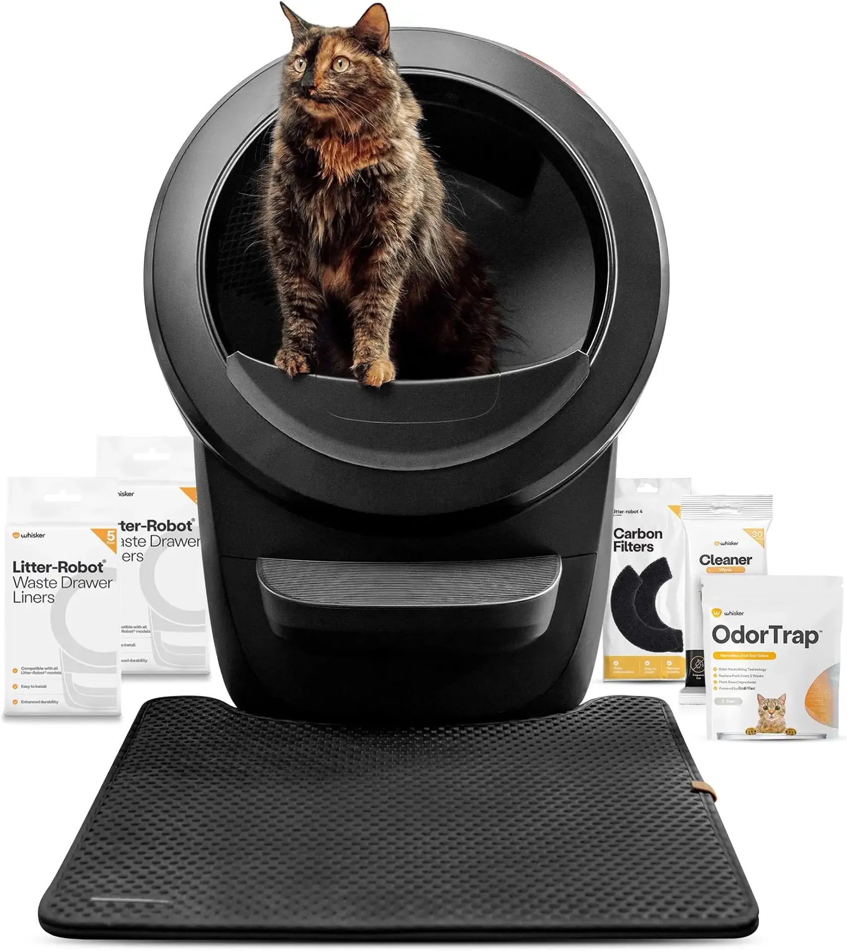 Whisker Litter-Robot 4 Supply & Accessory Bundle, Black - Automatic | Self-Cleaning Cat Litter Box, Includes Litter-Robot 4, Mat, 3 OdorTrap Packs, 10 Liners, 30 Wipes, & 2 Carbon Filters