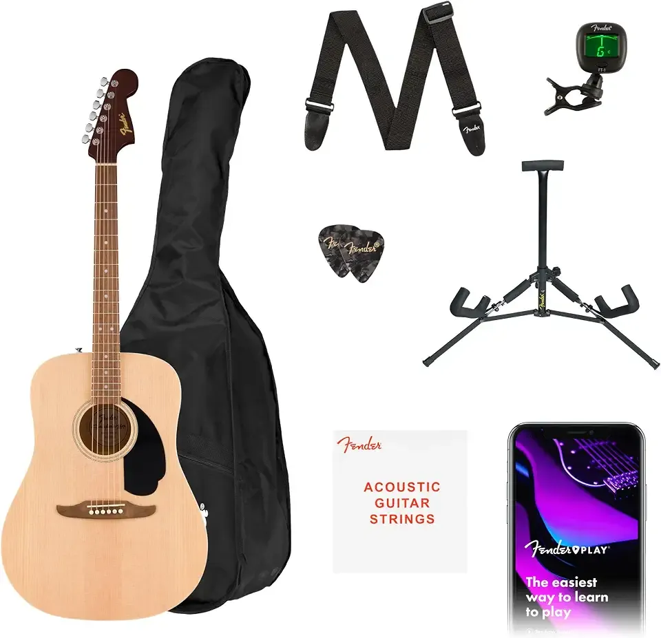 Fender California Debut Redondo Series Acoustic Guitar Starter Kit, Natural | Includes gig bag, stand, tuner, strap, picks, 2-year warranty, California Series dreadnought body, ideal for beginners