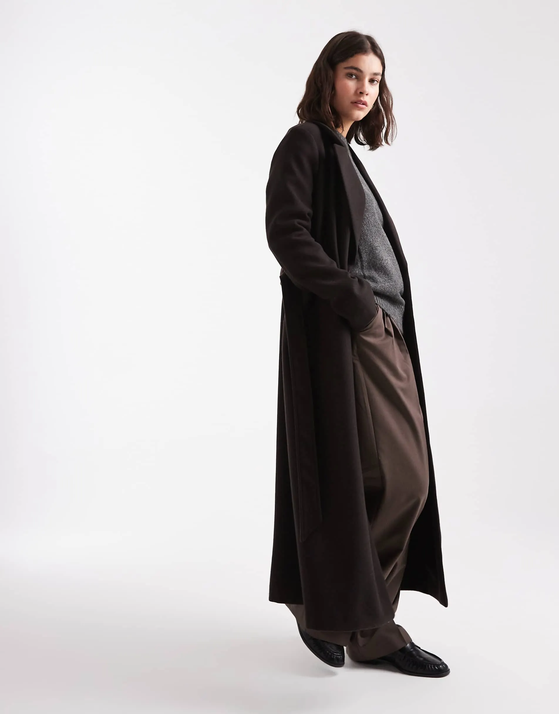 Vero Moda belted formal maxi coat in chocolate brown