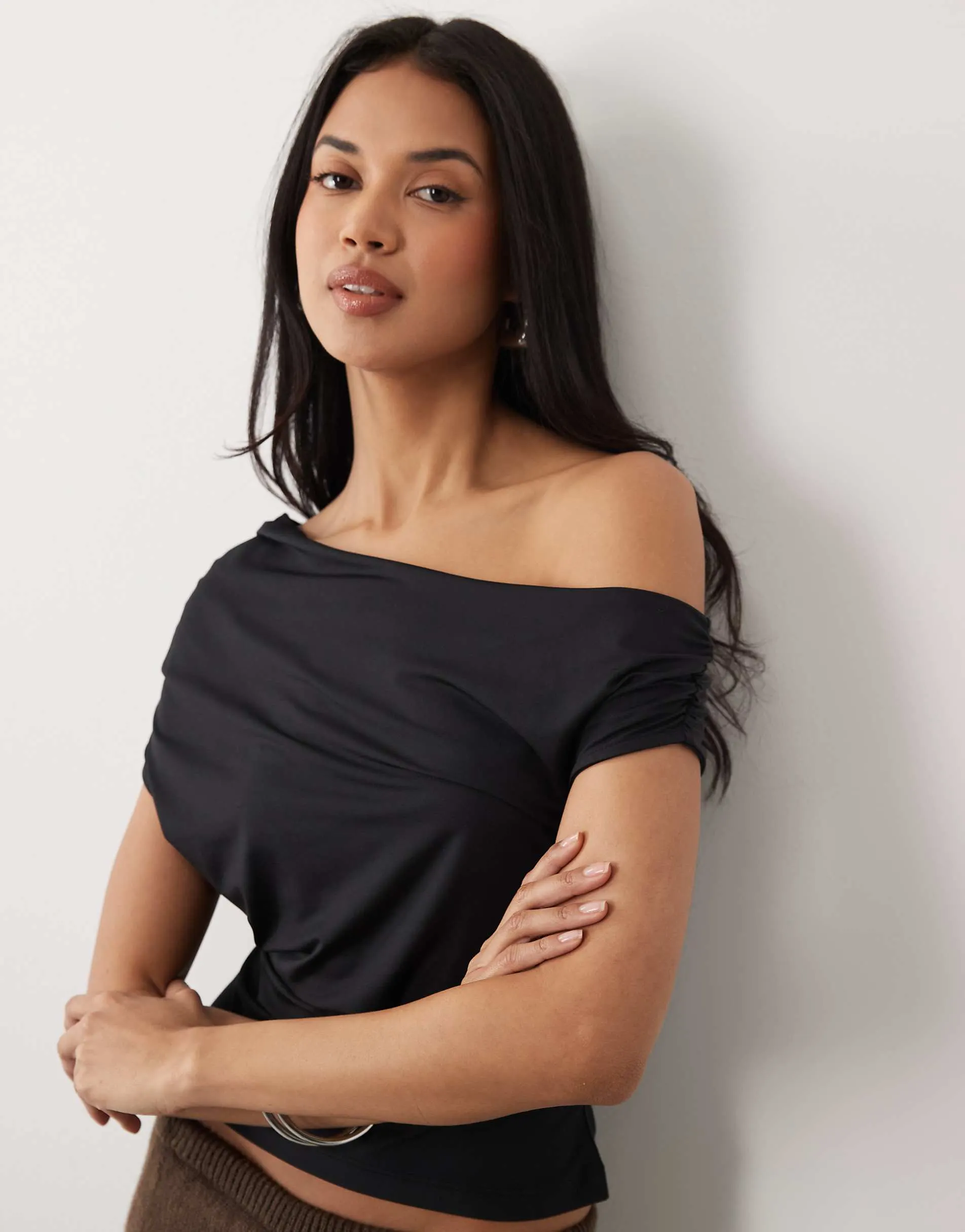 ASOS DESIGN slinky ruched one shoulder asym top in black