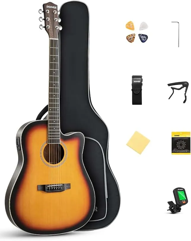 Donner 41'' Acoustic Electric Guitar Kit for Beginners Adults, Full Size Cutaway Acoustic Guitar with Built in Pickups, Capo, Picks, Tuner, String…