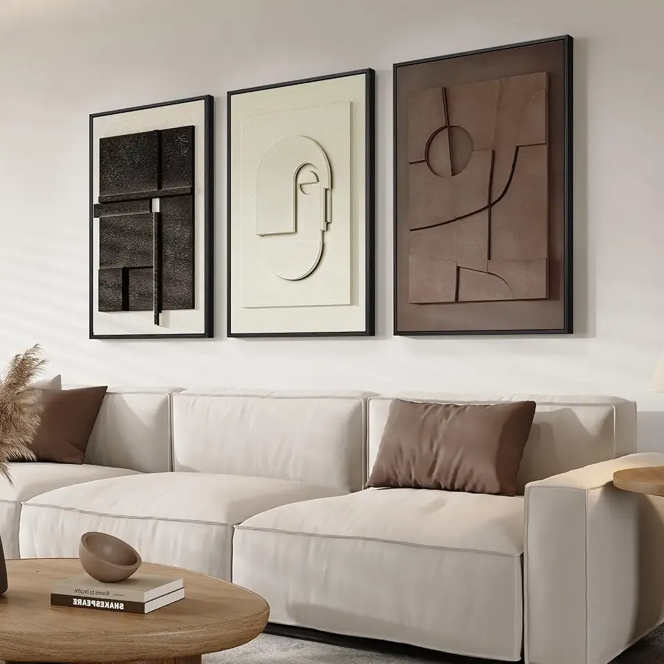 3D Textured Framed Abstract Wall Art Set, 3 Piece Modern Artwork, 16x24 In | Solid Wood Frames, Sandstone Textured Paintings, Black White Brown Sculptural Pictures Wall Decor Living Room Bedroom Office