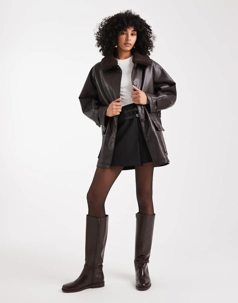 ASOS DESIGN leather look jacket with borg collar and cinch waist in chocolate