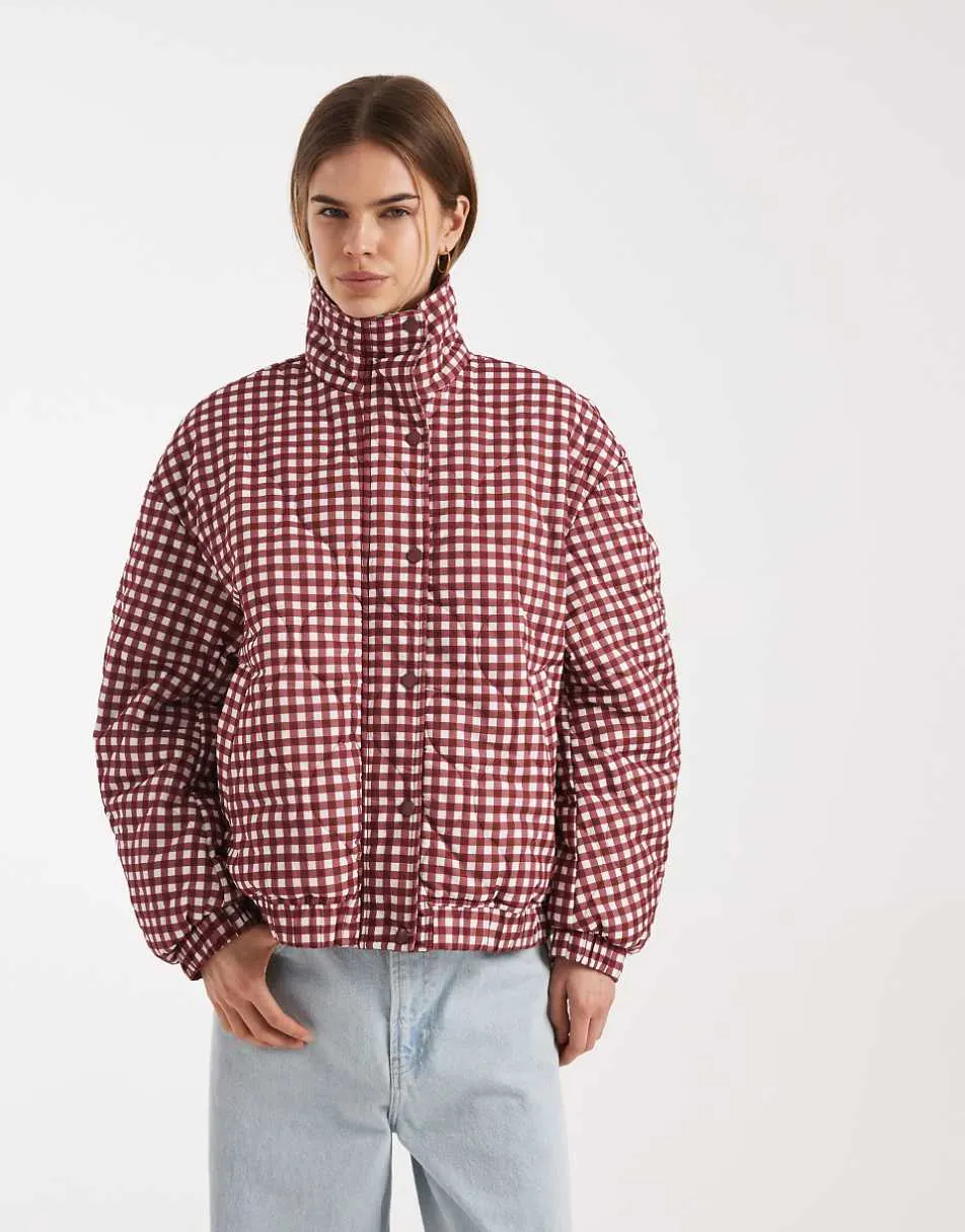 ASOS DESIGN quilted bomber jacket with yoke detail in red gingham