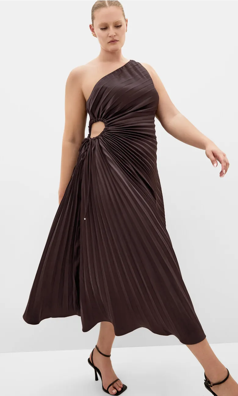 Aliza One Shoulder Pleat Maxi Dress - chocolate