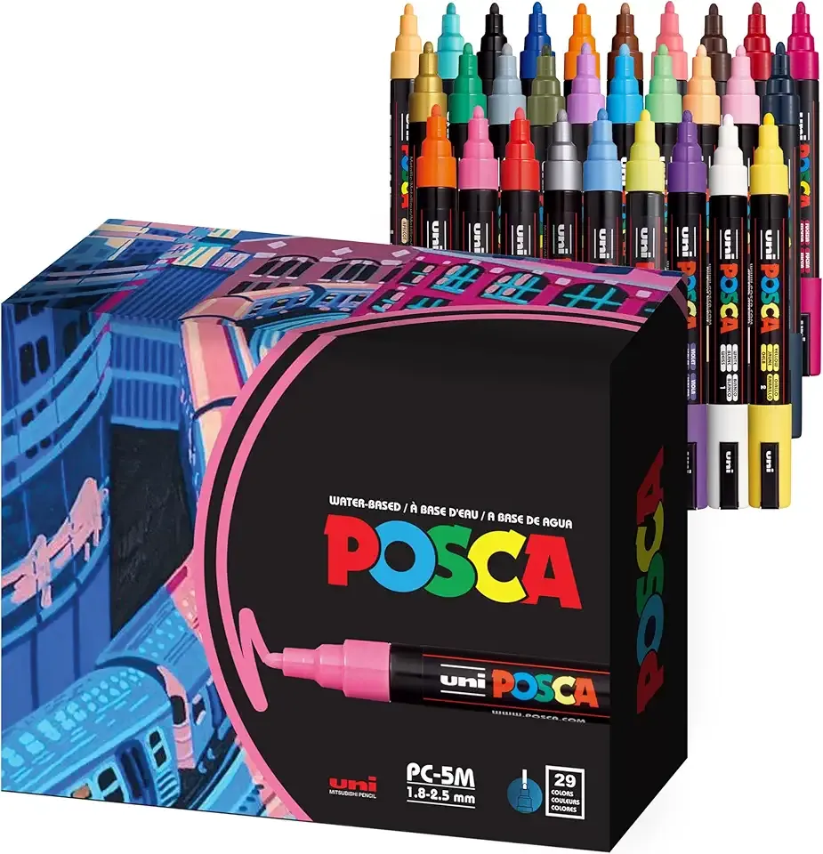 Uni Posca Paint Markers, 5M Medium Acrylic Markers with Reversible Tips, Artist Recommended For Gifts, Decorations, Fabric, Metal, Glass, Wood and Canvas, Assorted Colors, Set of 29