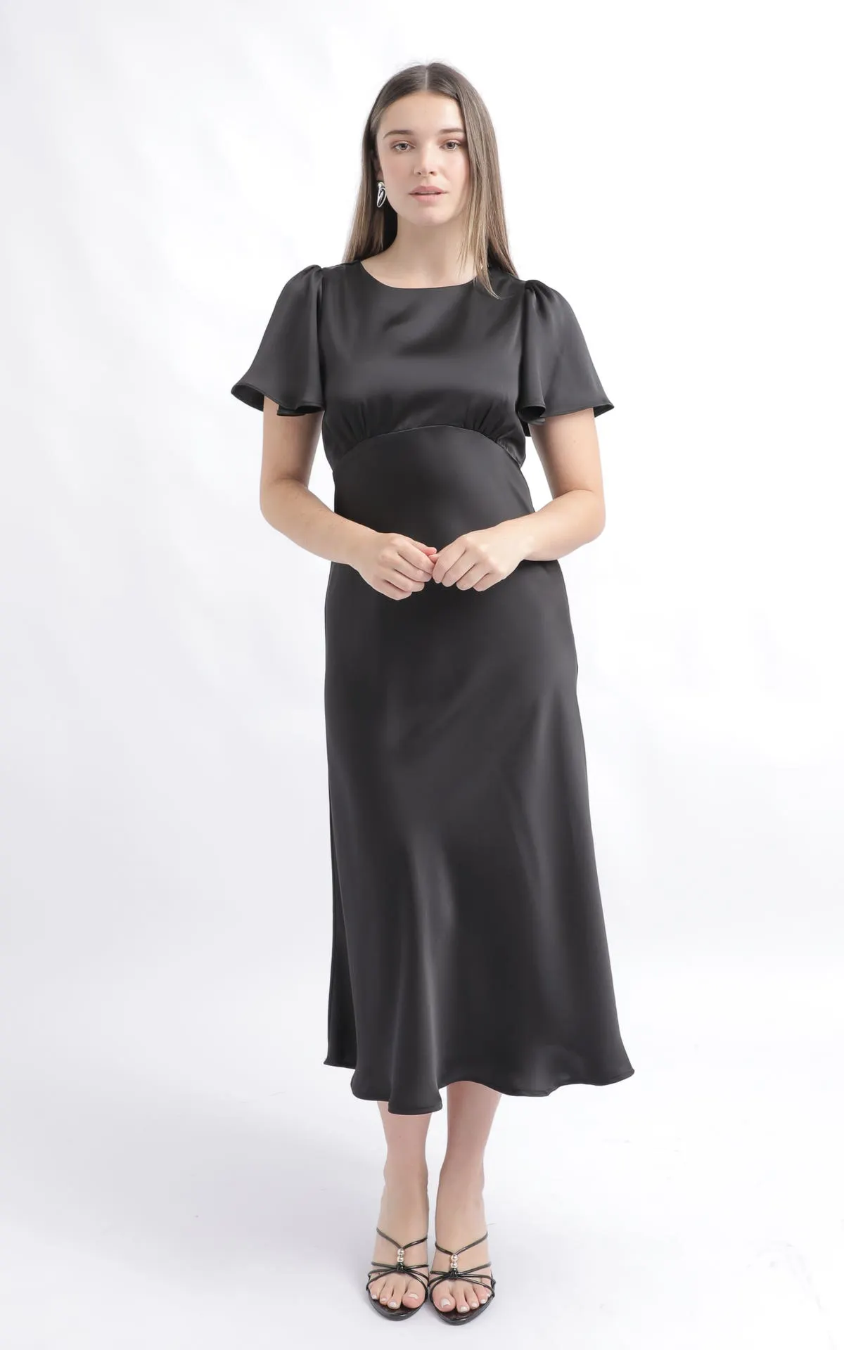 Satin Bias Flutter Sleeve Dress