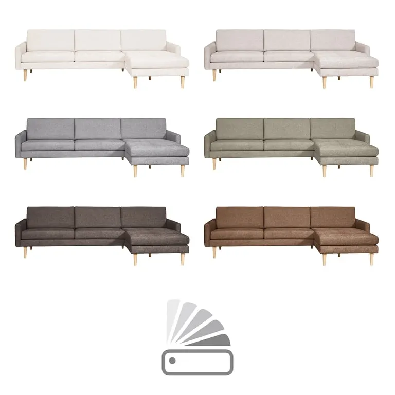 Hjellegjerde 3 seter med sjeselong 3 seter duo + stor sjeselong, armlen 23, fast/fast puter, stoff Perolly dark beige