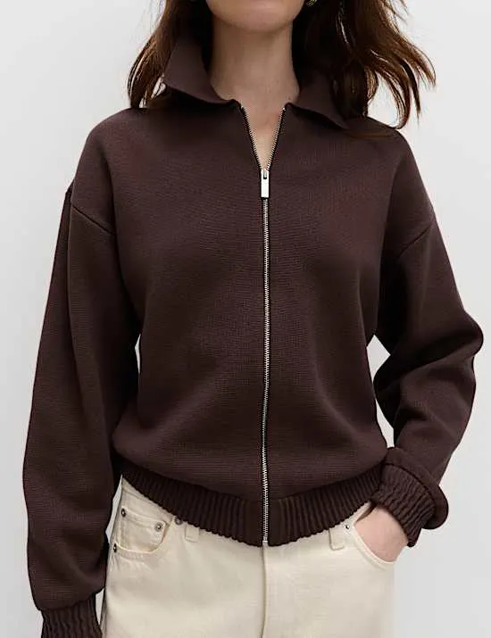 Zip Up Knitted Collared Bomber Cardigan
