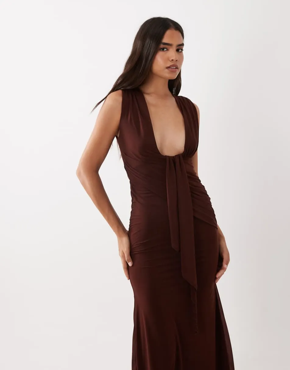 ASOS DESIGN stretch chiffon scarf detail plunge draped maxi dress in chocolate