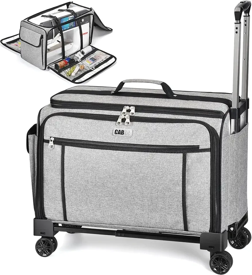 CAB55 XXL 23-Inch Rolling Sewing Machine Case with 4 Wheels, Extra Large Carrying Case for Professional Embroidery and Heavy Duty Sewing Machines with Bottom Support Board (Gray)