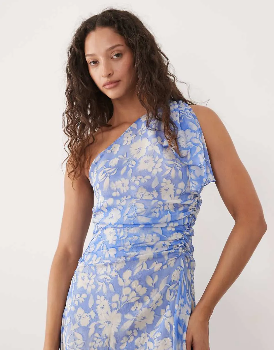 Mango one shoulder maxi dress in blue and cream floral print