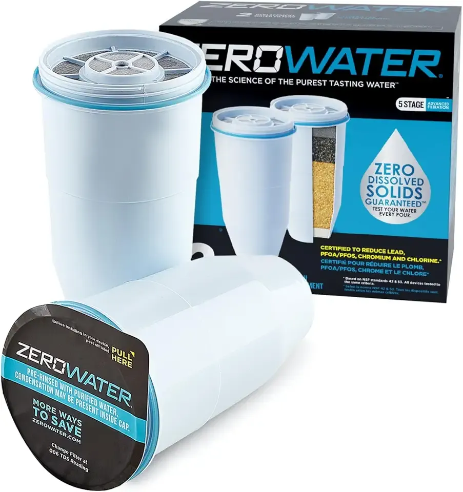 ZeroWater Official Replacement Filter - 5-Stage 0 TDS Filter Replacement - System IAPMO Certified to Reduce Lead, Chromium, and PFOA/PFOS, 2-Pack
