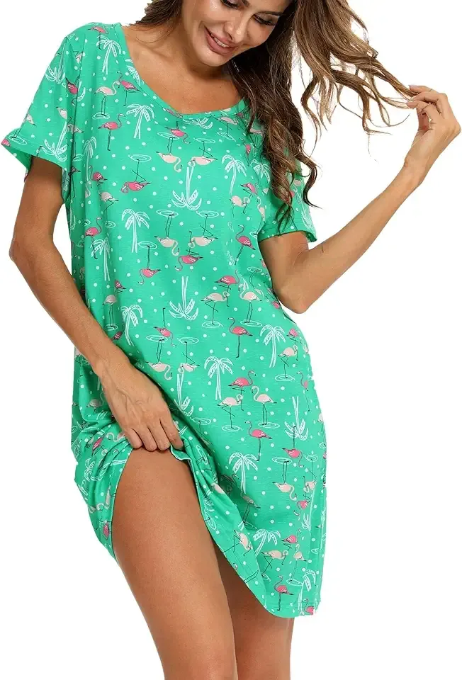 Womens Nightgowns Cotton Sleepwear Plus Size Sleep Shirt Short Sleeve Nightshirt Print Sleepshirt