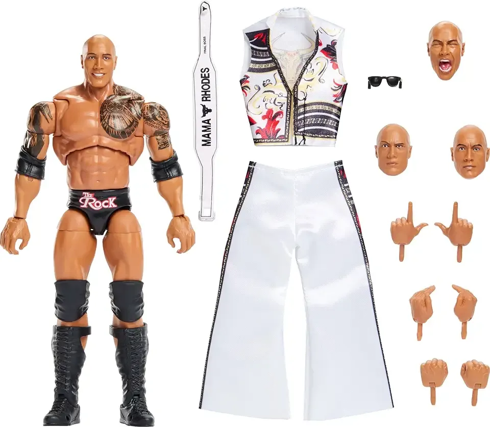 Mattel WWE Ultimate Edition Action Figure & Accessories Set, The Rock Final Boss 6-inch Collectible with Swappable Heads & Hands, 30 Articulation Points