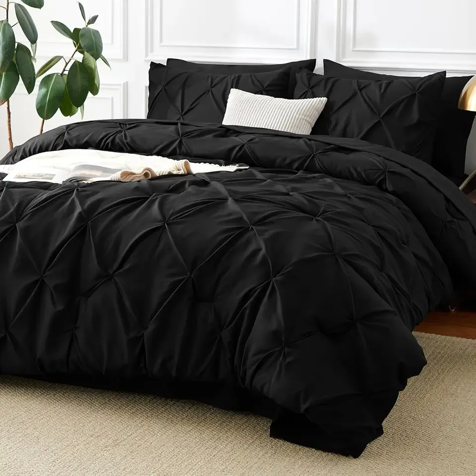 Queen Comforter Set Black, 7 Pieces Pintuck Bed in a Bag | OEKO-TEX 100 Certified, 240GSM All Season, Bedroom, Guest Room, Down-Alternative Comforter, Sheets, Pillowcases & Shams