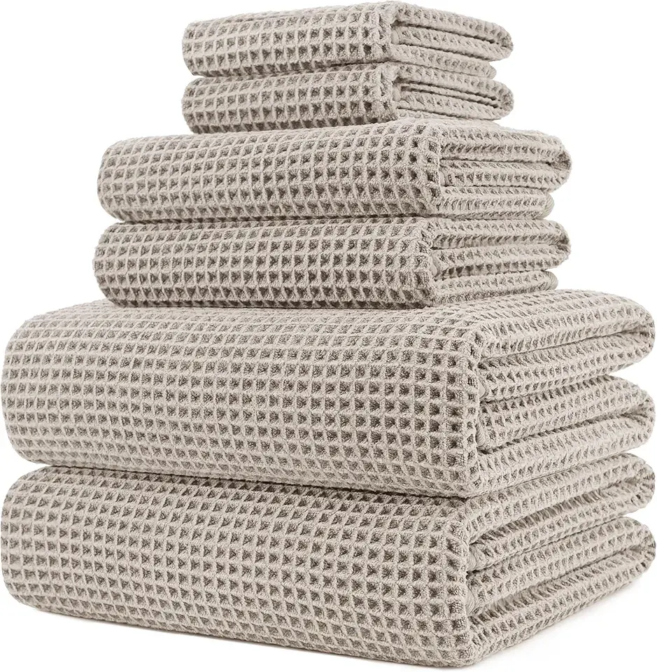 POLYTE Oversize, 60 x 30 in., Quick Dry Lint Free Microfiber Bath Towel Set, 6 Piece (Waffle Weave)