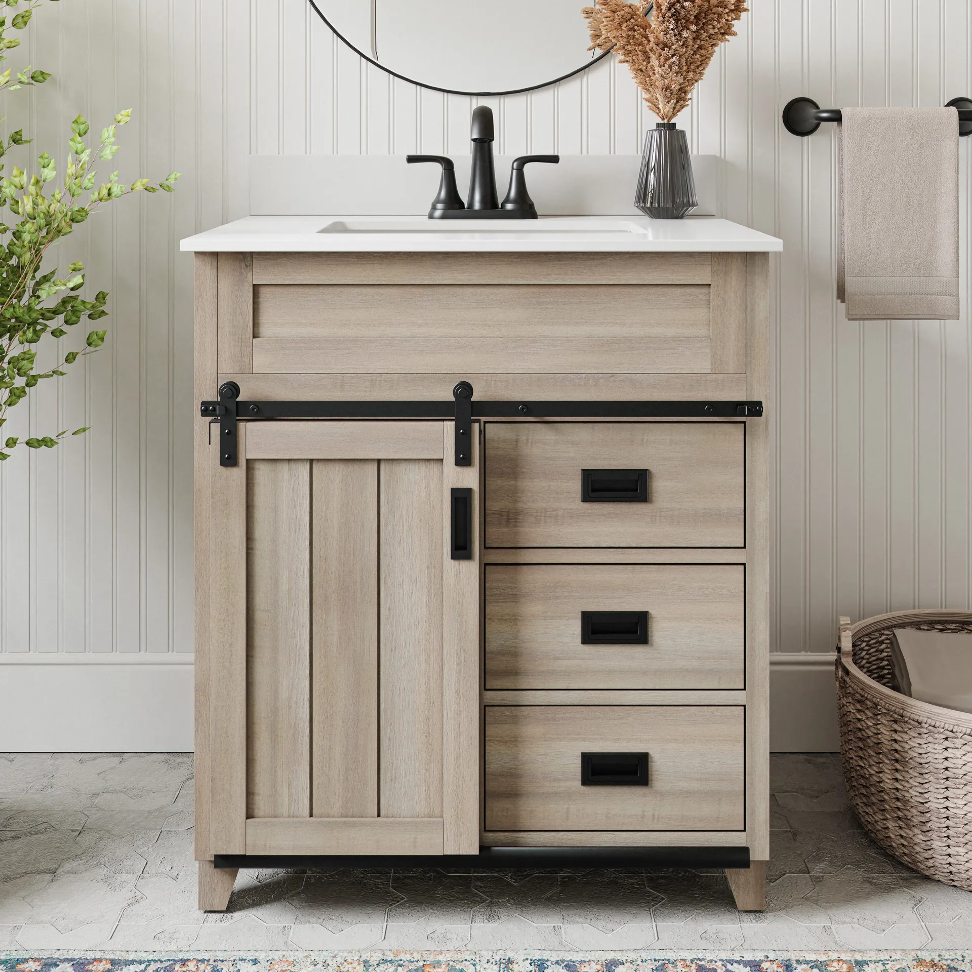 Style Selections Morriston 30-in Light Natural Oak Undermount Single Sink Bathroom Vanity with White Engineered Stone Top (Fully Assembled)