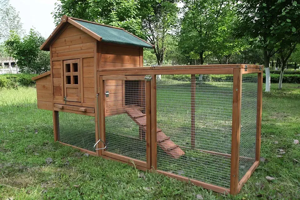 Outdoor Chicken Coop for 2-4 Chickens Wooden Hen House Poultry Pet Hutch Run Cage w/Waterproof Asphalt Roof, Ramp, Nesting Box, Wire Fence (80")