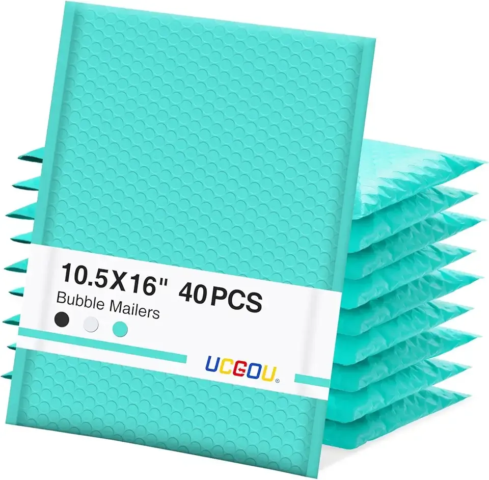 UCGOU Bubble Mailers 10.5x16 Inch 40 Pack Usable Size 10.5x15 Inch Large Padded Envelopes Teal Waterproof Packaging Bags for Shipping Self Seal Strong Adhesion Envelopes for Jewelry Makeup Supplies
