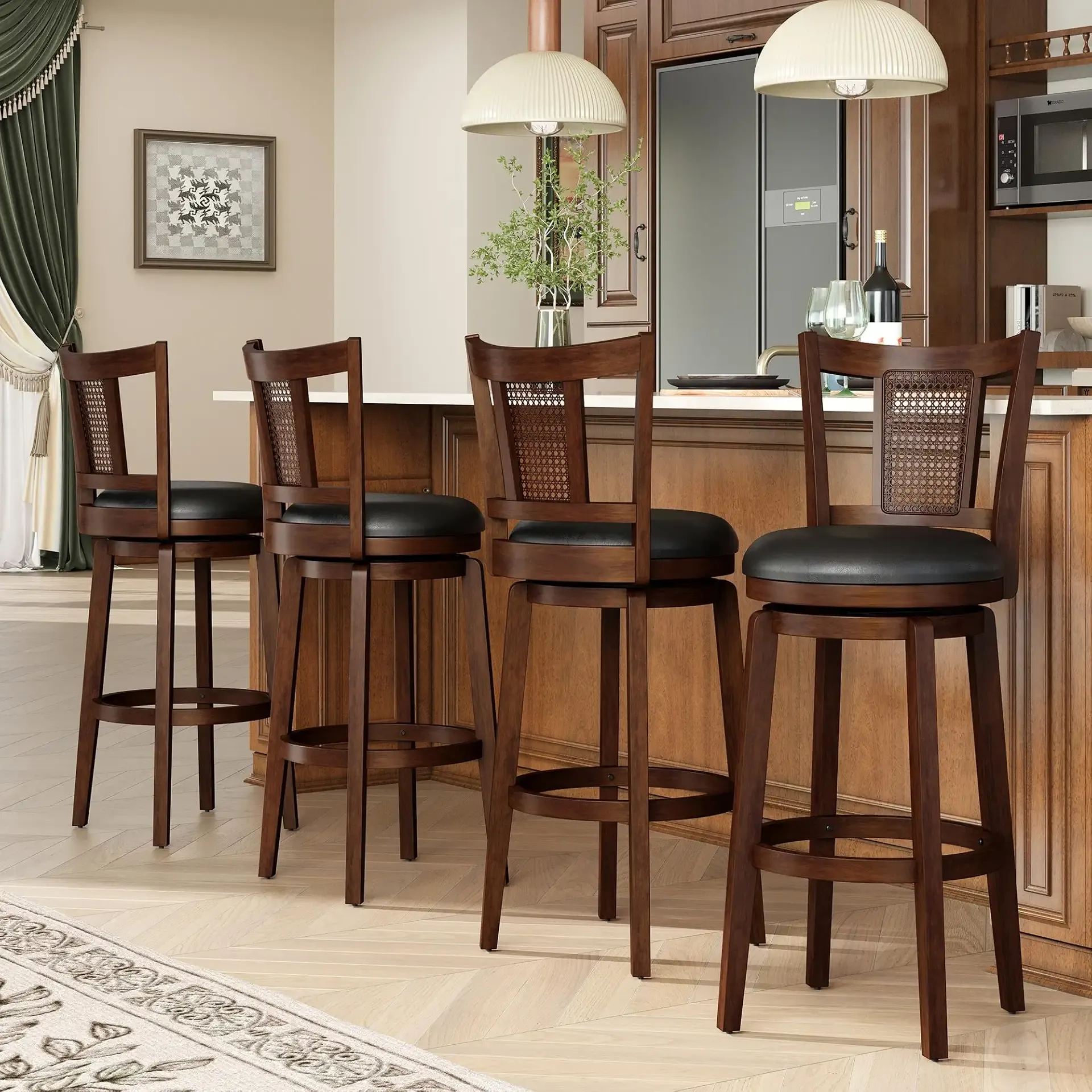 MAISON ARTS Swivel Bar Stools Set of 4, 30 Inch Bar Height Barstools with Backs, PU Leather Upholstered Seat Wood Bar Chairs with Wrap-Around Footrest for Kitchen Island, Pub, Dark Brown